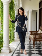 Zummer Women's Navy Blue Embroidered Cotton Co-Ord Set with Mandarin Collar