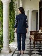 Zummer Women's Navy Blue Embroidered Cotton Co-Ord Set with Mandarin Collar