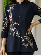 Zummer Women's Navy Blue Embroidered Cotton Co-Ord Set with Mandarin Collar