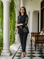 Zummer Women's Navy Blue Embroidered Cotton Co-Ord Set with Mandarin Collar