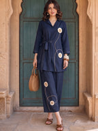 Zummer Women Navy Blue Embellished Pure Cotton Tunic & Trouser Co-Ord Set