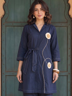 Zummer Women Navy Blue Embellished Pure Cotton Tunic & Trouser Co-Ord Set