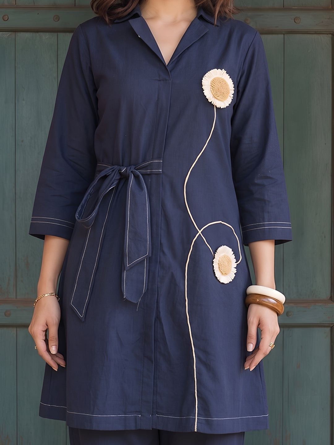 Zummer Women Navy Blue Embellished Pure Cotton Tunic & Trouser Co-Ord Set