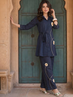 Zummer Women Navy Blue Embellished Pure Cotton Tunic & Trouser Co-Ord Set