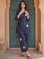 Zummer Women Navy Blue Embellished Pure Cotton Tunic & Trouser Co-Ord Set