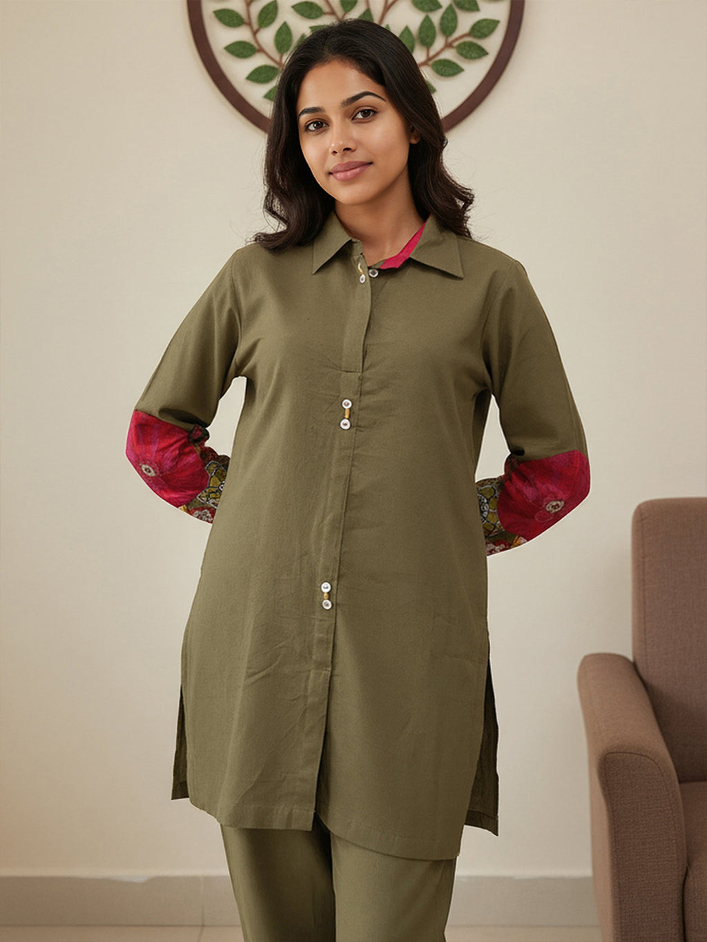 Cotton Floral Embroidered Tunic With Trouser Co-Ords Set