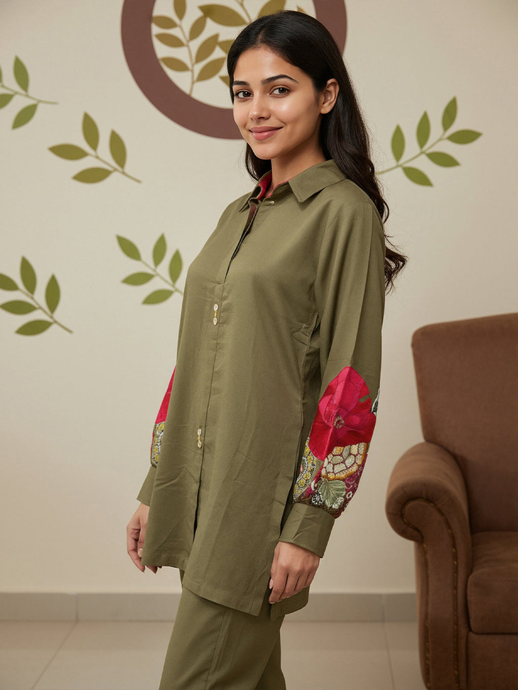 Cotton Floral Embroidered Tunic With Trouser Co-Ords Set