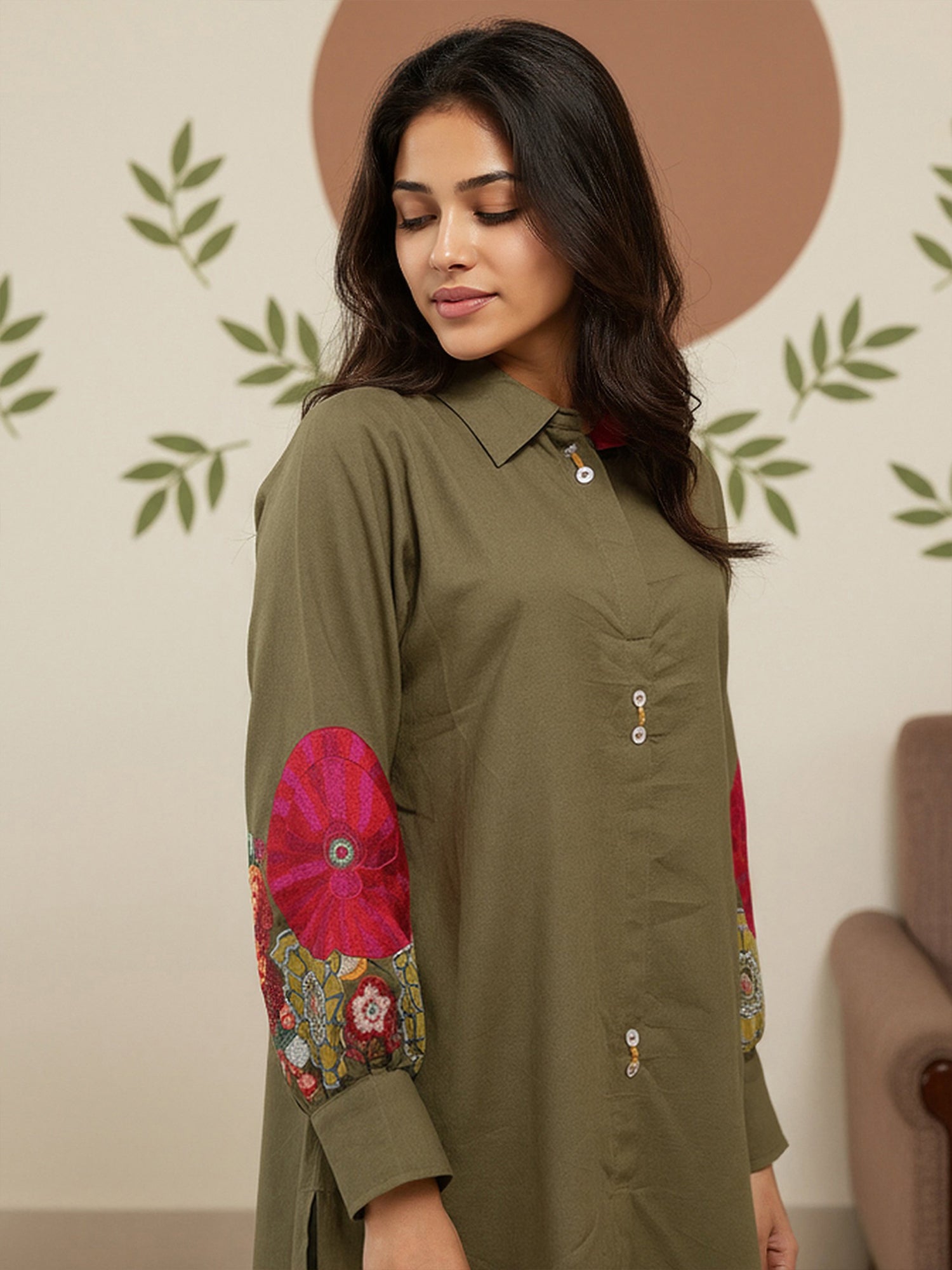 Cotton Floral Embroidered Tunic With Trouser Co-Ords Set