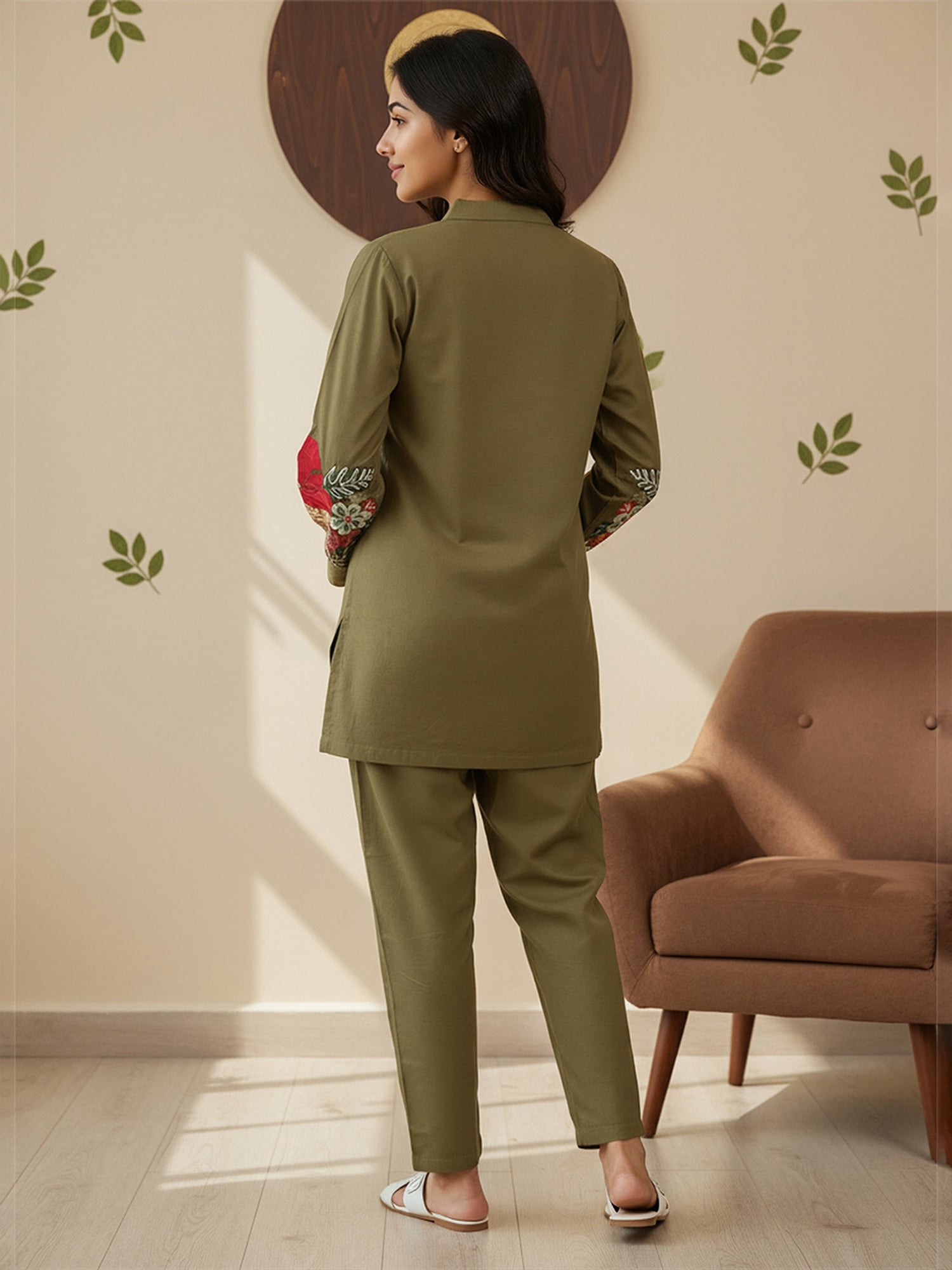 Cotton Floral Embroidered Tunic With Trouser Co-Ords Set