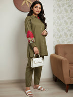 Cotton Floral Embroidered Tunic With Trouser Co-Ords Set