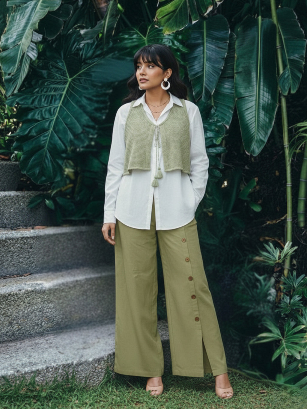 Zummer Layered Co-ord Set – Olive Cotton Shirt & Palazzos