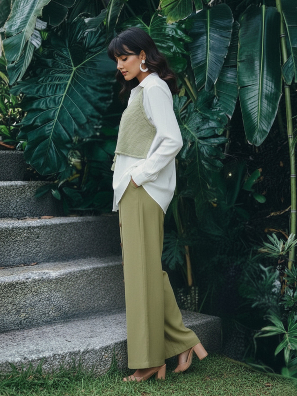 Zummer Layered Co-ord Set – Olive Cotton Shirt & Palazzos