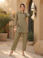 Zummer Olive Embellished Cotton Co-Ord Set for Women