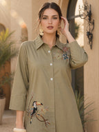 Zummer Olive Embellished Cotton Co-Ord Set for Women