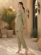 Zummer Olive Embellished Cotton Co-Ord Set for Women