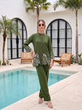 Zummer Women’s Olive Embroidered Co-Ord Set with Mandarin Collar Tunic & Trousers