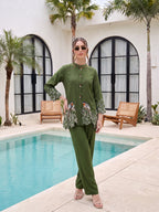 Zummer Women’s Olive Embroidered Co-Ord Set with Mandarin Collar Tunic & Trousers