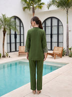 Zummer Women’s Olive Embroidered Co-Ord Set with Mandarin Collar Tunic & Trousers