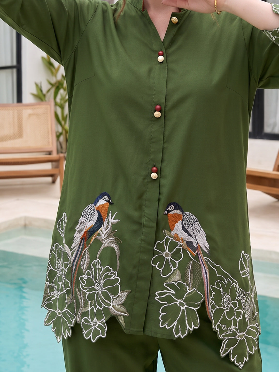 Zummer Women’s Olive Embroidered Co-Ord Set with Mandarin Collar Tunic & Trousers