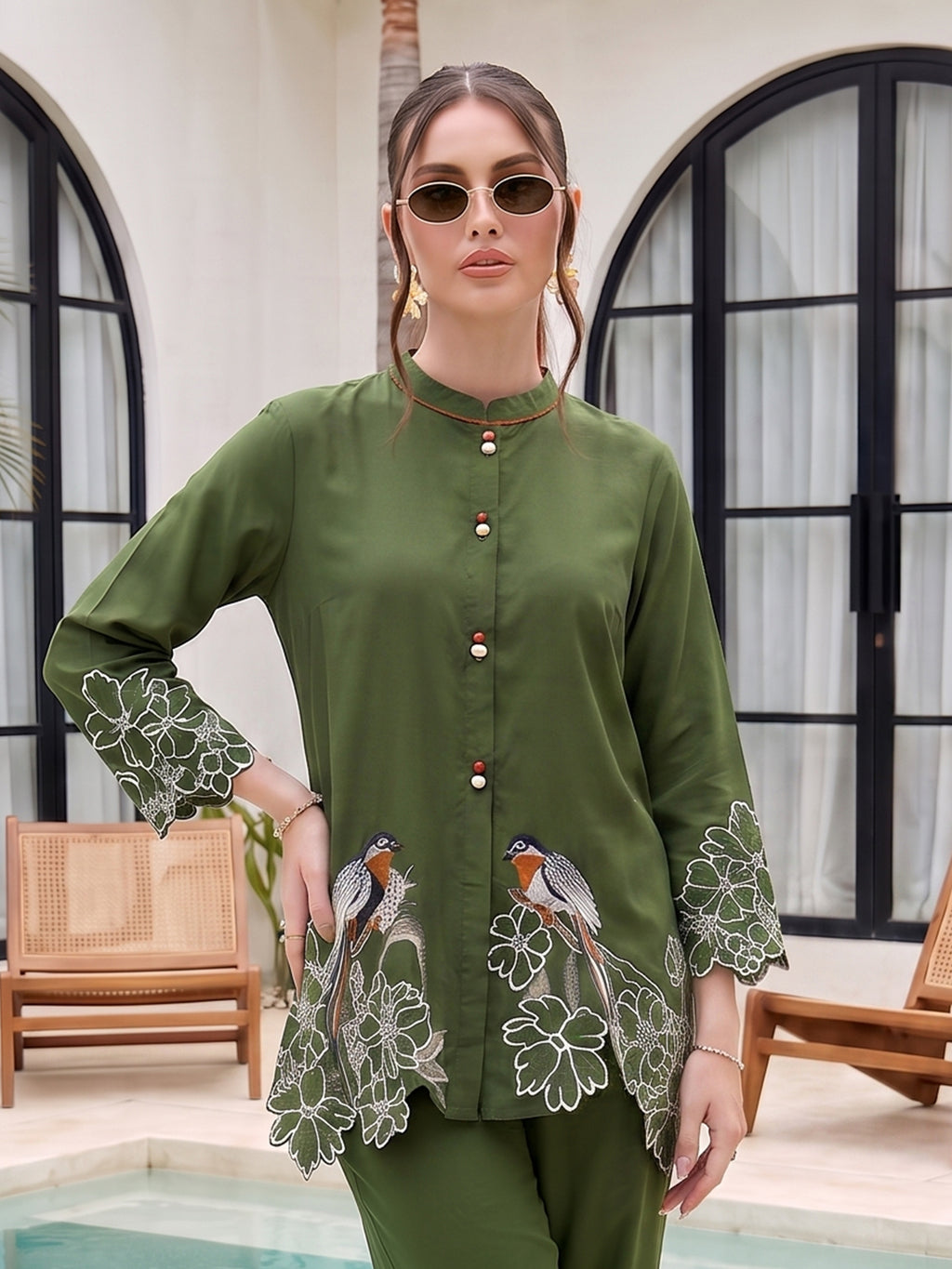 Zummer Women’s Olive Embroidered Co-Ord Set with Mandarin Collar Tunic & Trousers