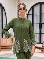 Zummer Women’s Olive Embroidered Co-Ord Set with Mandarin Collar Tunic & Trousers