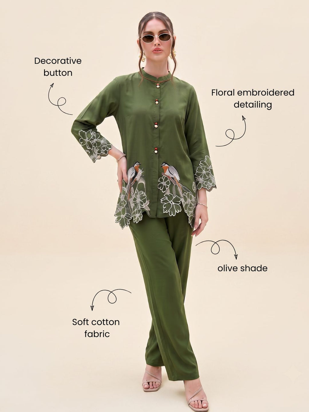 Zummer Women’s Olive Embroidered Co-Ord Set with Mandarin Collar Tunic & Trousers