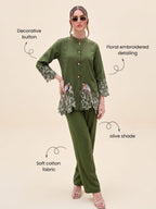 Zummer Women’s Olive Embroidered Co-Ord Set with Mandarin Collar Tunic & Trousers
