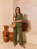 Zummer Women’s Olive Solid Cotton Co-Ord Set with V-Neck Tunic & Trousers
