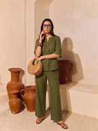 Zummer Women’s Olive Solid Cotton Co-Ord Set with V-Neck Tunic & Trousers