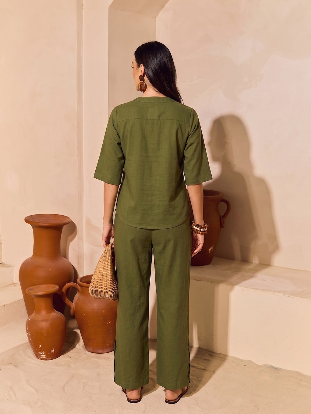 Zummer Women’s Olive Solid Cotton Co-Ord Set with V-Neck Tunic & Trousers