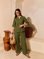 Zummer Women’s Olive Solid Cotton Co-Ord Set with V-Neck Tunic & Trousers