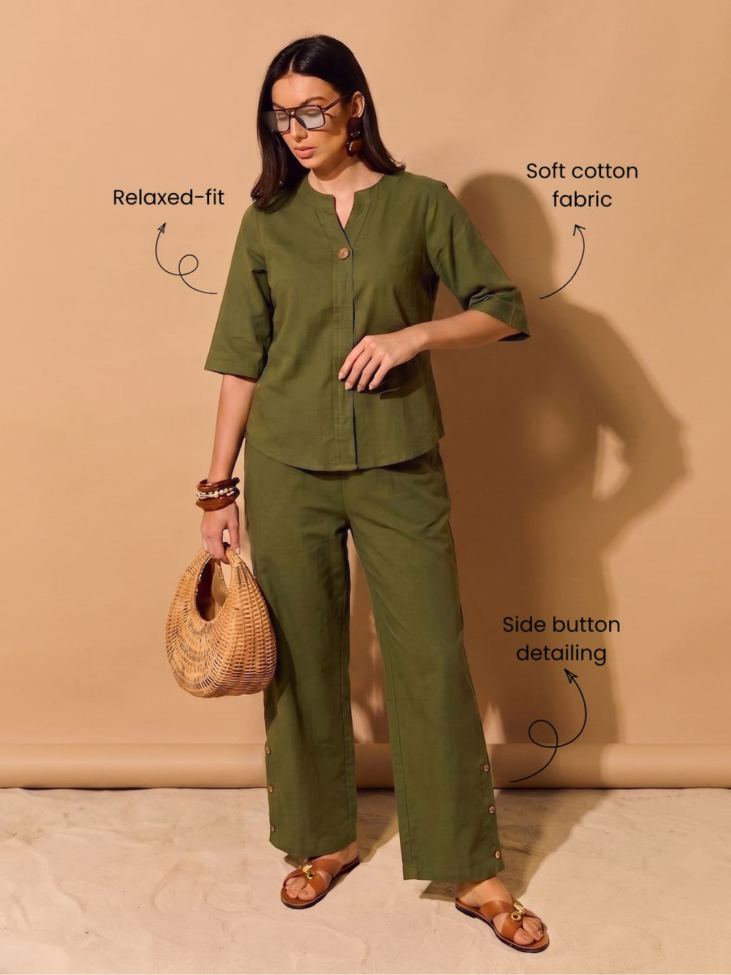 Zummer Women’s Olive Solid Cotton Co-Ord Set with V-Neck Tunic & Trousers