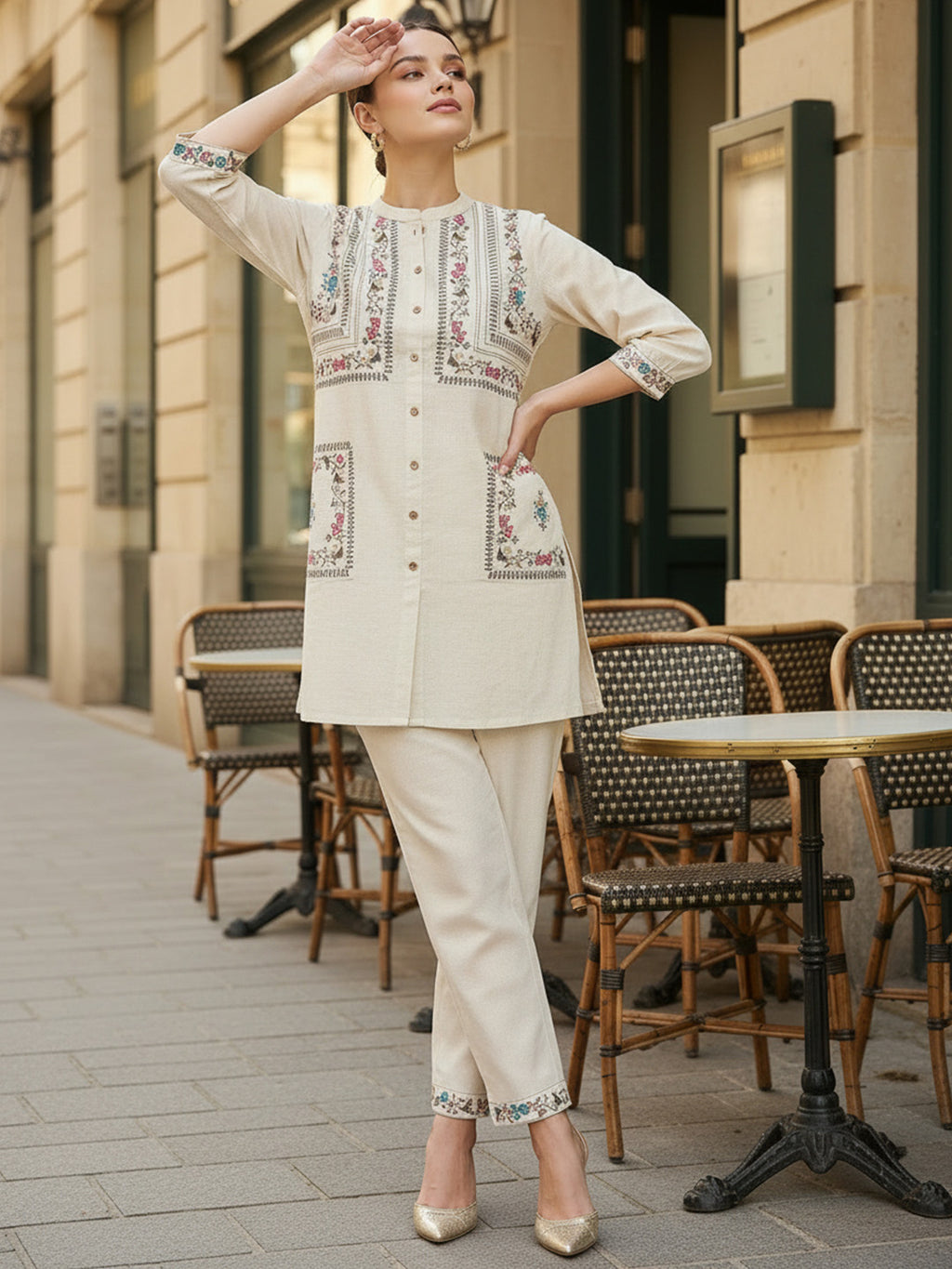 Zummer Cotton Floral Embroidered Tunic & Trouser Co-Ord Set
