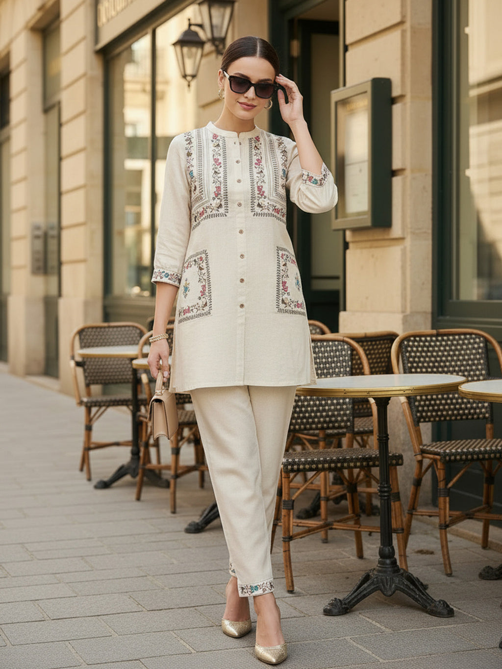 Zummer Cotton Floral Embroidered Tunic & Trouser Co-Ord Set