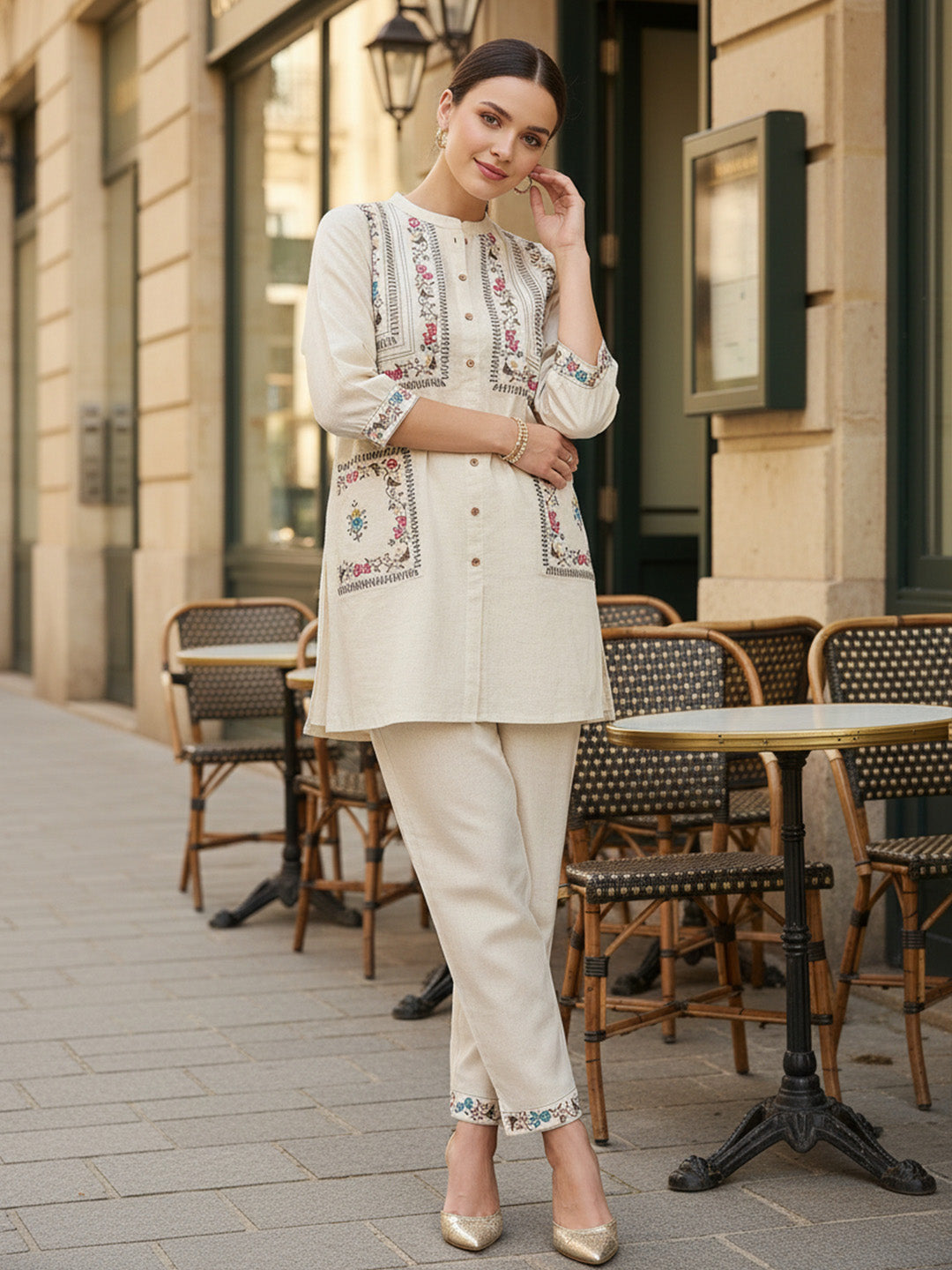 Zummer Cotton Floral Embroidered Tunic & Trouser Co-Ord Set