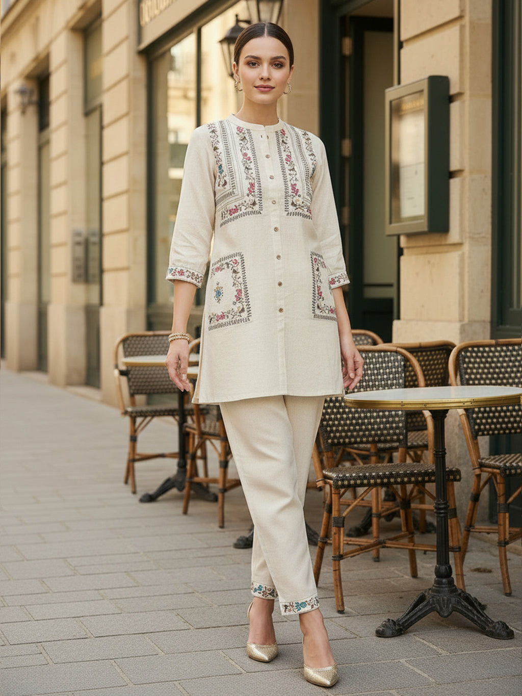 Zummer Cotton Floral Embroidered Tunic & Trouser Co-Ord Set