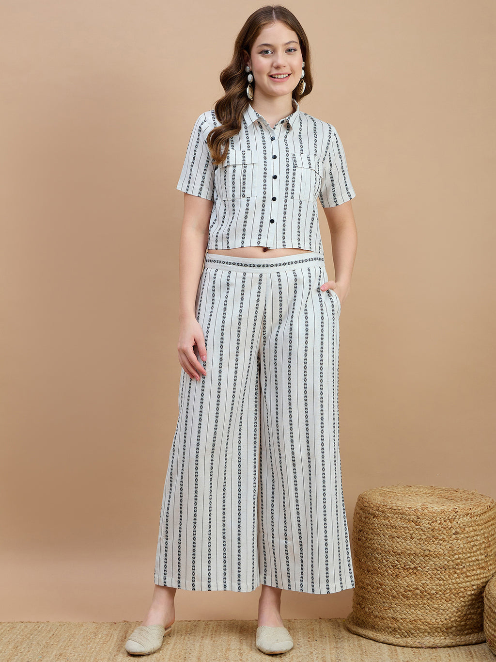 Cotton Stripe Printed Shirt And Palazzos Co-Ords Set