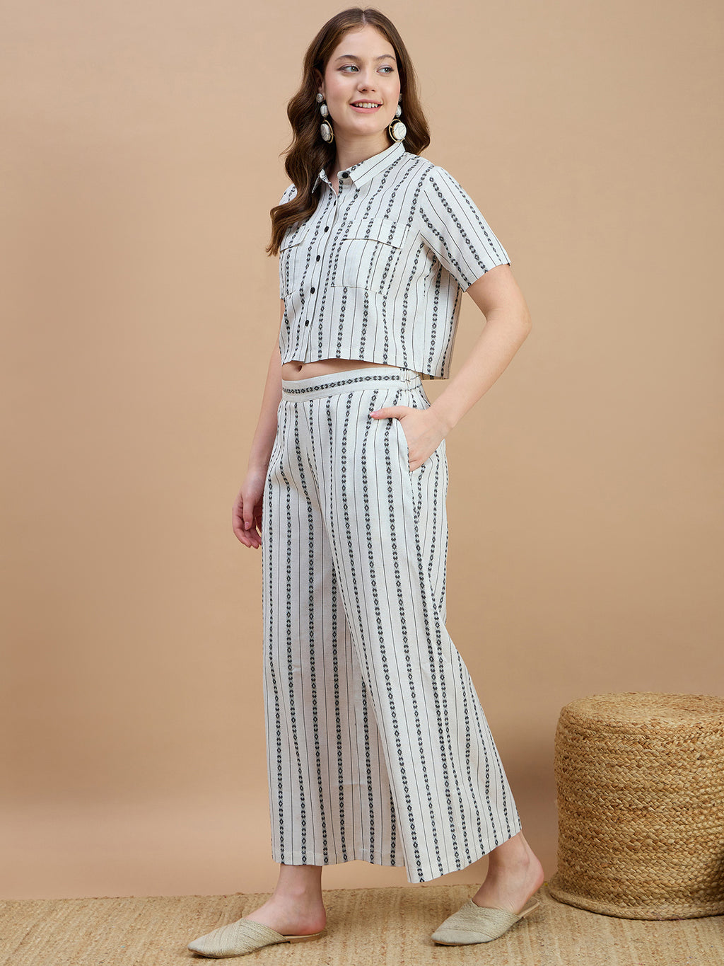 Cotton Stripe Printed Shirt And Palazzos Co-Ords Set