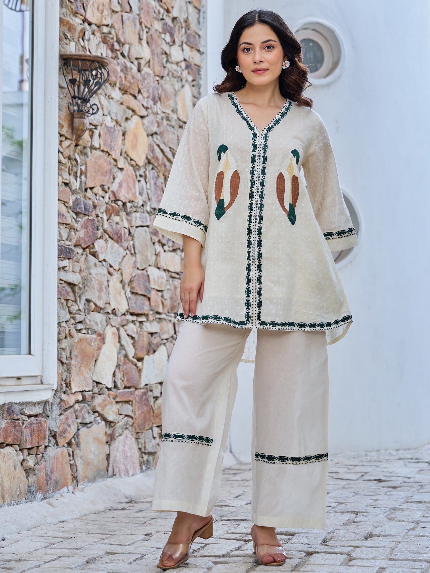 Cotton Embroidered Tunic With Trouser Co-Ords Set