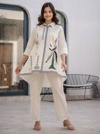 Cotton Off White Embroidered Tunic With Trouser