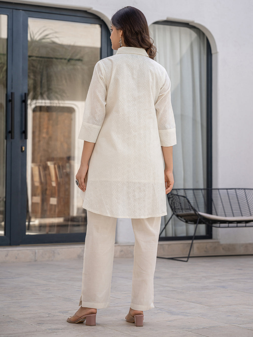 Cotton Off White Embroidered Tunic With Trouser