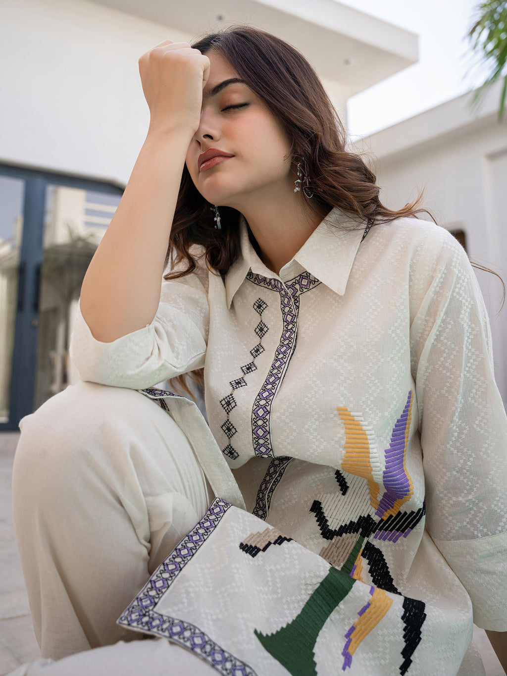 Cotton Off White Embroidered Tunic With Trouser