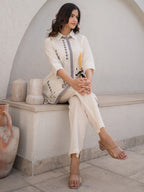Cotton Off White Embroidered Tunic With Trouser