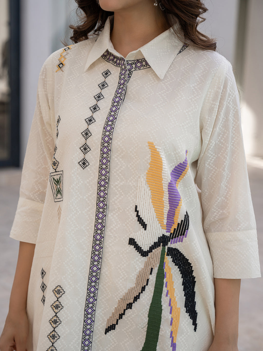 Cotton Off White Embroidered Tunic With Trouser