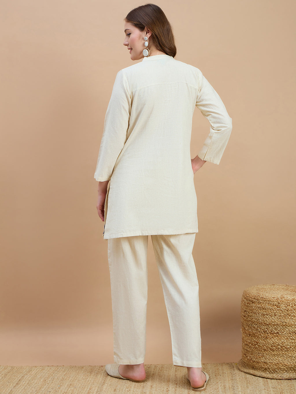Cotton Floral Embroidered Tunic With Trouser Co-Ords Set