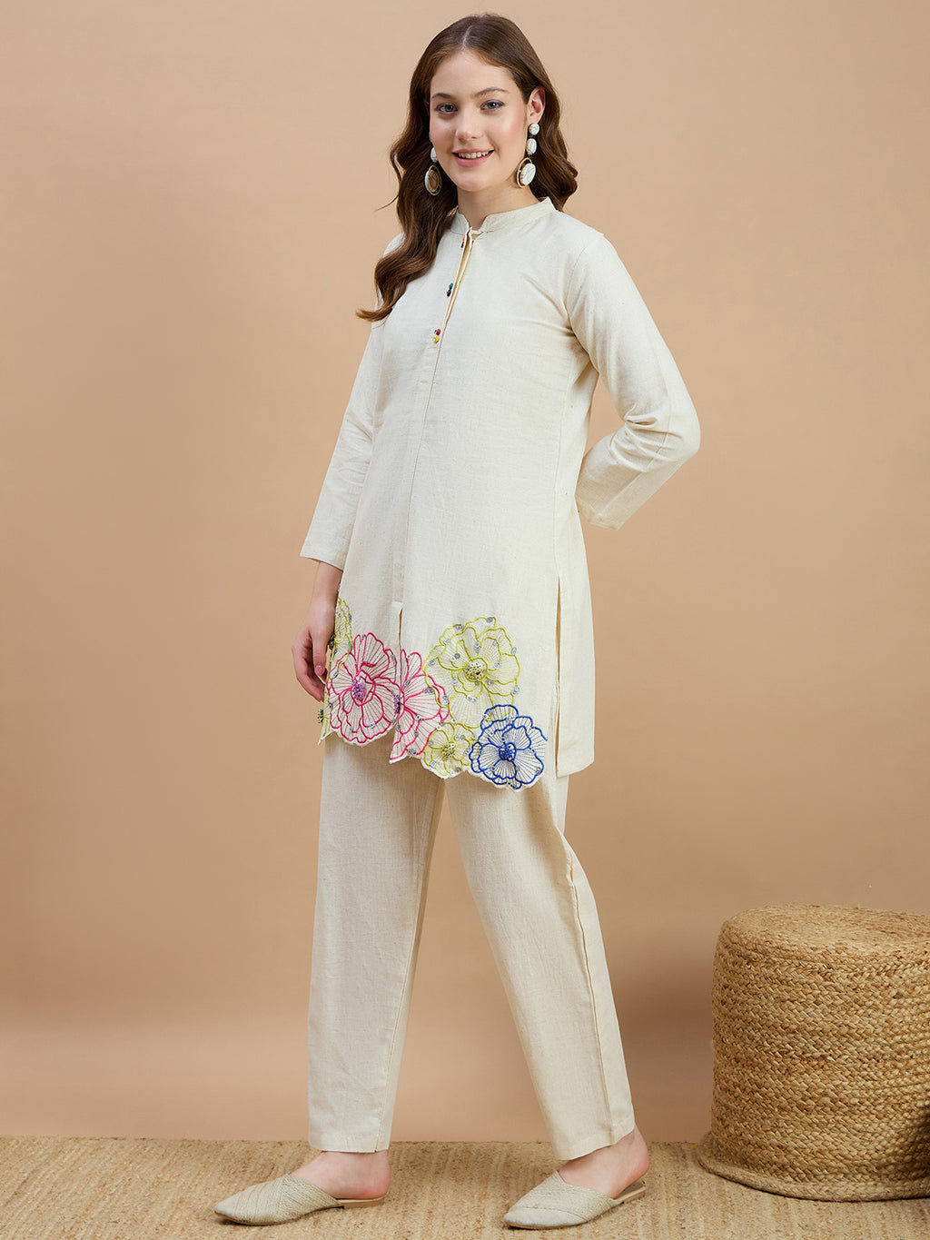 Cotton Floral Embroidered Tunic With Trouser Co-Ords Set