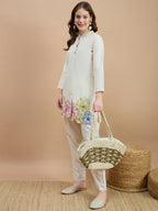 Cotton Floral Embroidered Tunic With Trouser Co-Ords Set