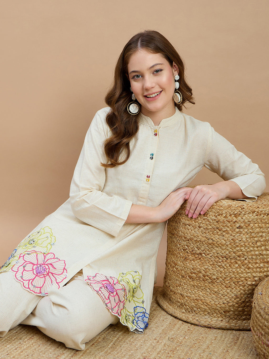 Cotton Floral Embroidered Tunic With Trouser Co-Ords Set