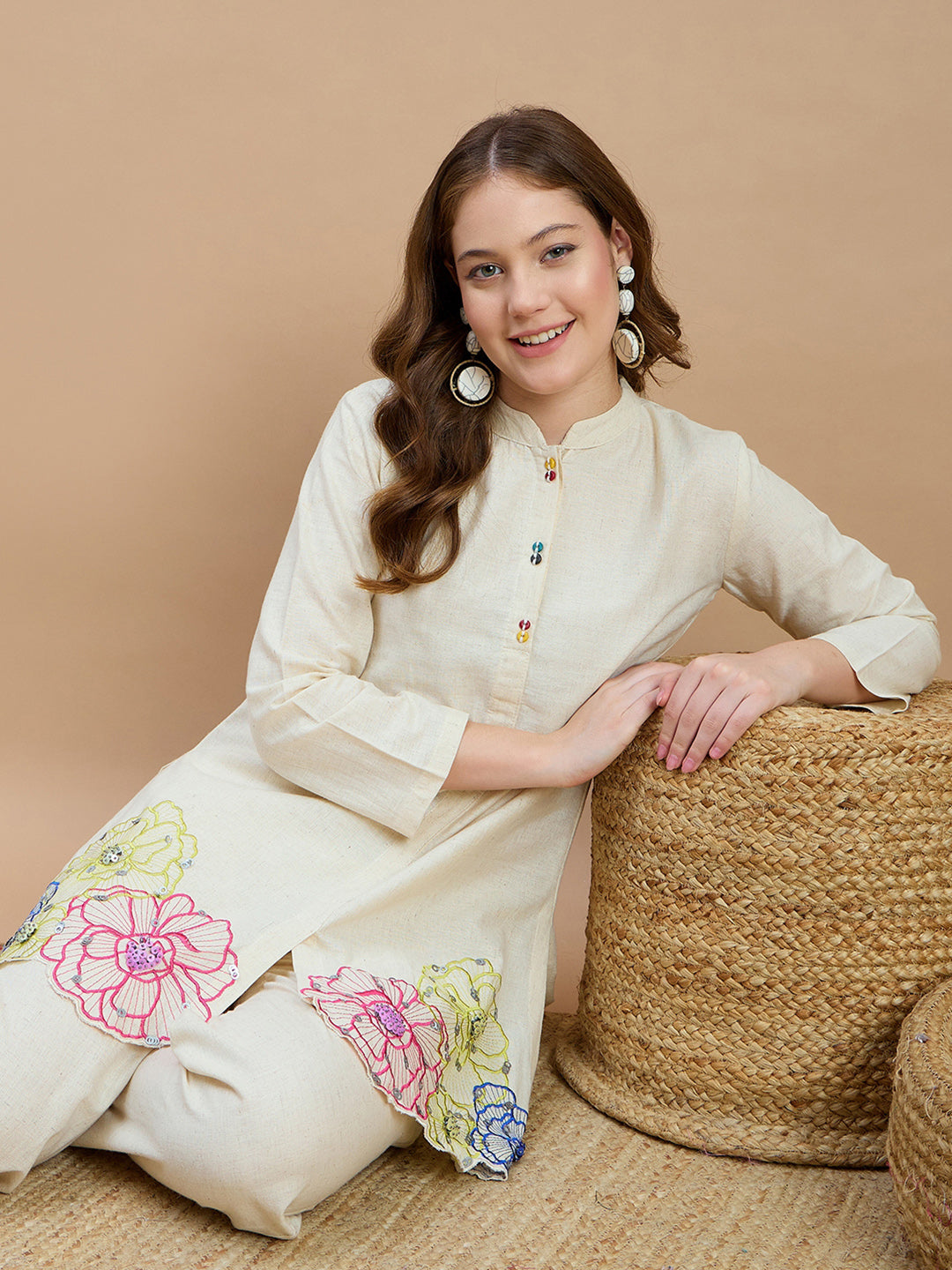 Cotton Floral Embroidered Tunic With Trouser Co-Ords Set