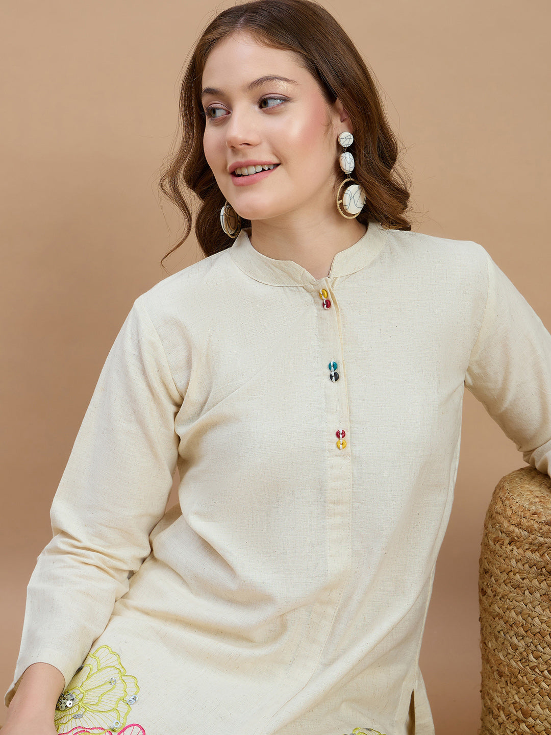 Cotton Floral Embroidered Tunic With Trouser Co-Ords Set